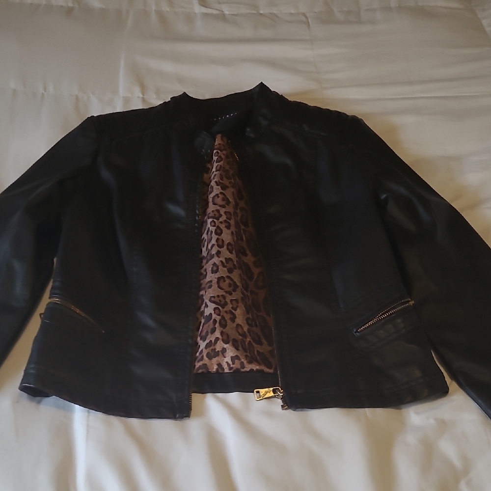 Therapy Black Leather Jacket with Brown Leopard Lining